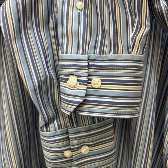 Egara Men’s Slim Fit Blue Tan White Striped Dress Shirt Floral Cuff/Neckline XL - Picture 3 of 10
